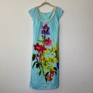 J. Peterman Midi Maxi Dress Mumu Size 14 Blue Cotton Silk Floral Boho Resort